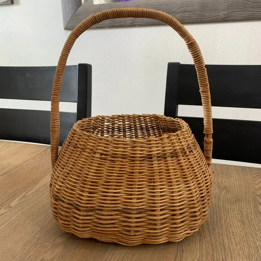 Vintage Hand Woven Wicker Basket with High Arch Handle Natural Brown Oval Rustic